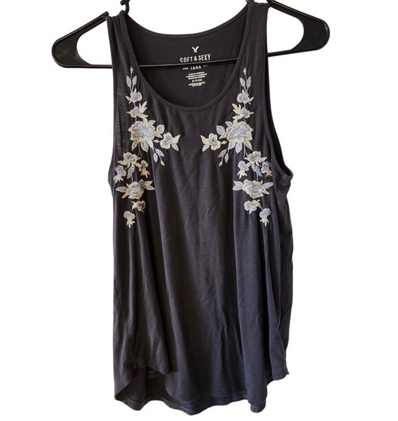 American Eagle Outfitters Tops - American Eagle Soft & Sexy Tank Top Small Gray Floral Embroidered Career Dress